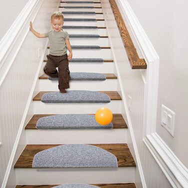 Rina Non-Slip Stair Treads - 15 Piece Set - 22x65 cm - Grey Adhesive Anti-Slip Rugs for Wooden Stairs - Indoor Safety