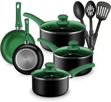 Набір каструль та сковорідок Chef's Star, 11 предметів, антипригарне покриття, алюміній, зелений