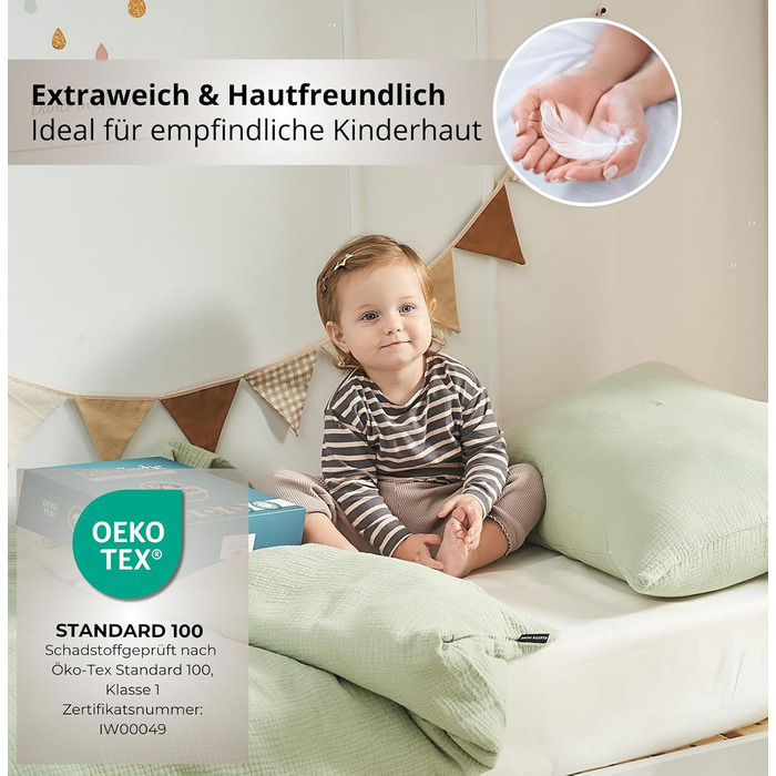 Набір постільної білизни для дитячого ліжечка Kinderbettwäsche 100x135: 2 шт. | Сертифікат ÖkoTex, підходить для алергіків | Набір муслінової постільної білизни з 1 простирадлом 135x100 та 1 наволочкою 40x60 | Хакі 100 см x 135 см Хакі