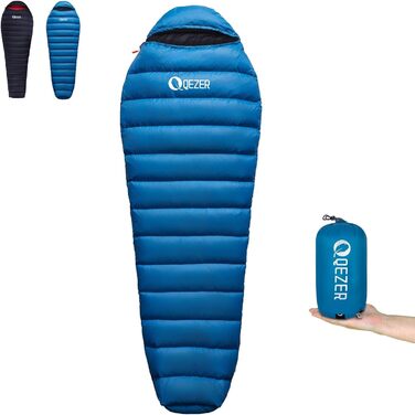 Сплячий мішок для дорослих та дітей, легкий зимовий спальник Outdoor 8°C ~ -30°C для кемпінгу та альпінізму з 650 FP гусячим пухом, блакитний, 500г пуху