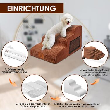 Calling Dog Stairs, Dog Stairs for Small Dogs, Waterproof Dog Stairs 40 cm High, Injury Prevention High-Quality Sponge Cat Stairs, Non-Slip Washable Dog Ramp for Sofa Bed Car (3-Step Dog Stairs, Brown)