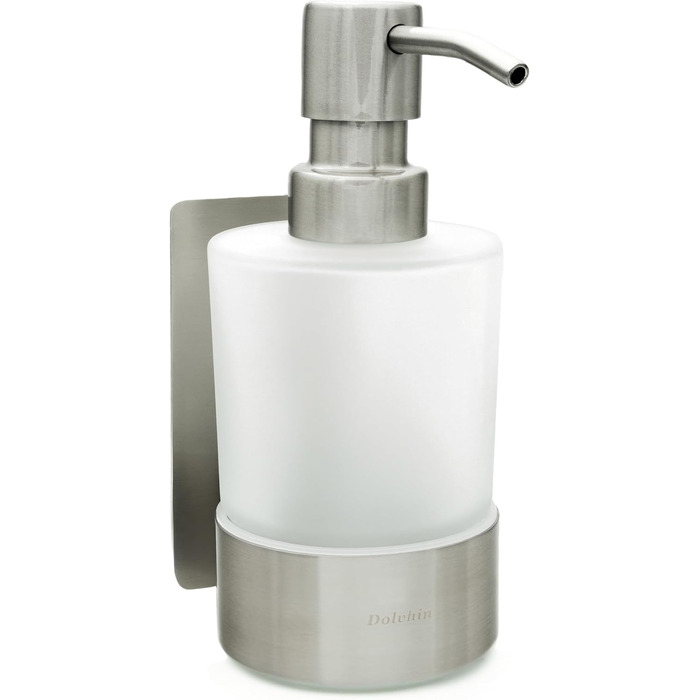 Dolvhin® Soap Dispenser Wall Mount No Drilling | Frosted Glass Hand Soap Dispenser | Stainless Steel Pump Dispenser & Wall Holder | Adhesive Wall Soap Dispenser | Dish Soap Dispenser 250ml | Silver Gray