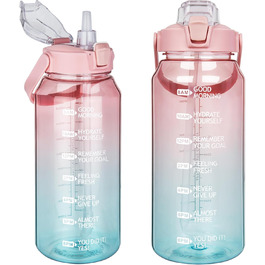 2L Tritan Water Bottle with Straw & Time Marker 2 liter BPA-free Motivational Water Bottle with Clock Large Sports Bottle for Gym, Fitness, Hiking (Transparent Rose / Cyan)
