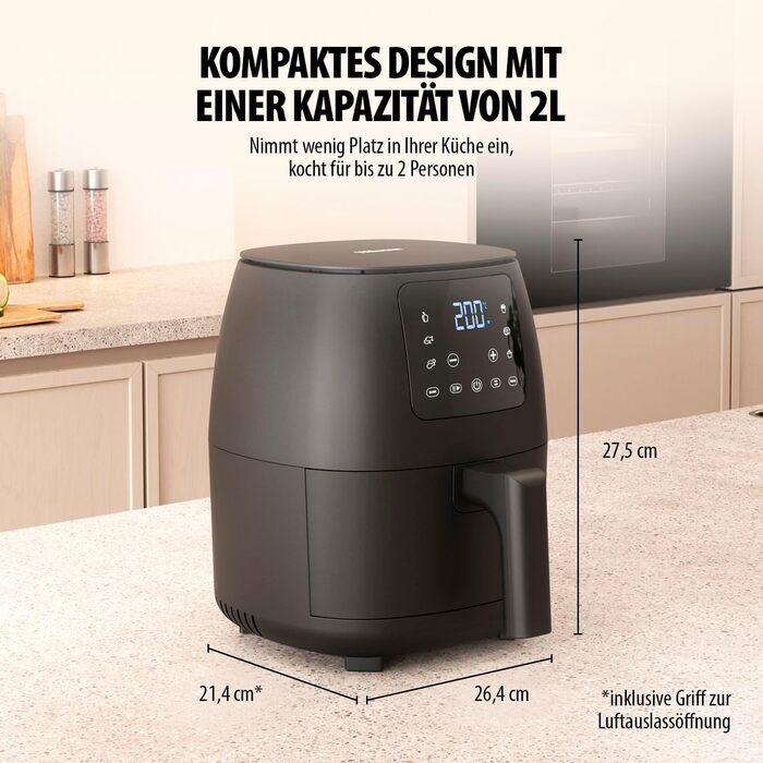 Міні цифрова аерофритюрниця Tristar FR-9015, 2 л, без олії, 1500 Вт, 6 програм, антипригарне покриття, регульований термостат, чорна