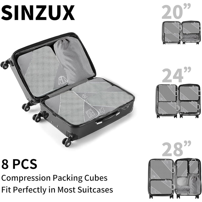Органайзер для валізи, набір 6 шт. Компресійні кубики для пакування, органайзер для подорожей, сірий (8 шт.)