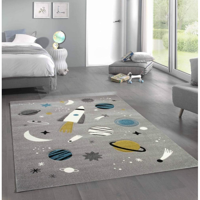 Merino Kids Space Learning Rug with Spaceship, Stars, and Planets in Gray, Size 200 x 290 cm