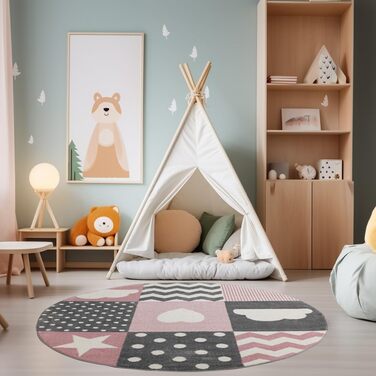 Дитячий килим круглий Elefant Design, короткий ворс, для дівчаток та хлопчиків, антиалергенний, м'який, синьо-сірий, 120 см. Килим в дитячу кімнату