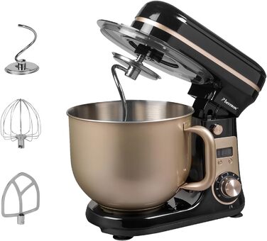 Кухонна машина Bestron Super Silent (65db) з DC-двигуном, 6 літрів, з набором насадок (міксер, гак для тіста, вінчик), 6 швидкостей + Pulse, колір: бежевий