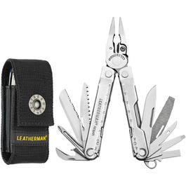 Leatherman Rebar Multi-Tool - 17 Lockable Tools for DIY and Camping - Black Stainless Steel with Molle Holster - Silver