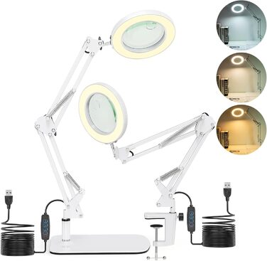 Лампа-лупа Jubor 2-в-1 зі світлом та підставкою, 15x/10x, LED, з кріпленням та основою, 3 режими, регульована яскравість, для хобі, ремонту, майстрів