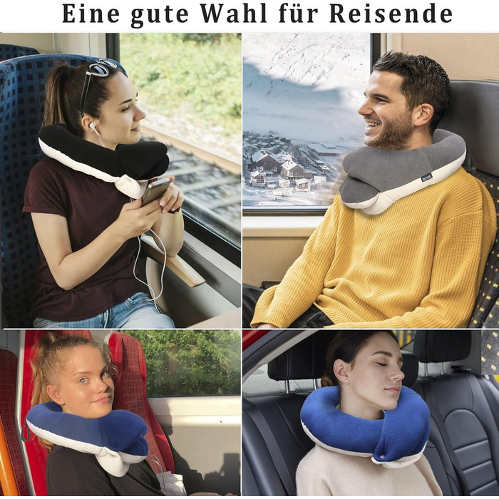 Подушка для шиї BUYUE для подорожей, 360° підтримка голови, сон у дорозі, комплект з маскою для очей, навушниками та чохлом (для дорослих, сіра, до 45 кг)