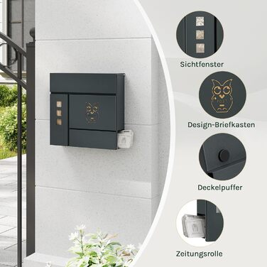 Поштова скринька WOLTU XXL з газетницею, оглядовим вікном, замком та 2 ключами, антрацит+жовтий (10,5x37x37 см)