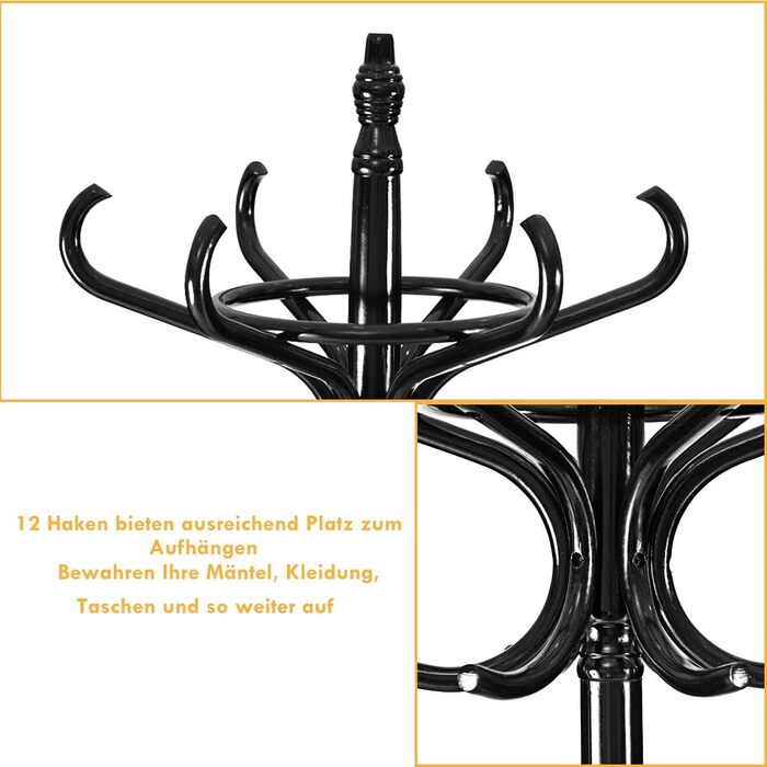 COSTWAY 184cm Wardrobe Rack with Umbrella Holder, Coat Rack with 12 Clothes Hooks, Clothes Rack made of Wood, Freestanding Coat Rack for Entryway, Living Room and Bedroom (Black)
