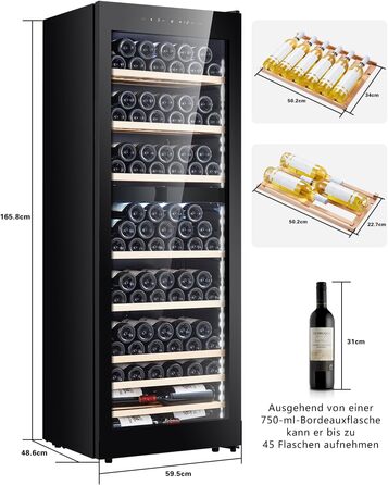 Kalamera 45-Bottle Dual Zone Wine Refrigerator - 120 Liter Capacity with LCD Display - 5-10°C/10-18°C Temperature Zones