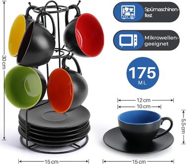 MIAMI - 6 x 175 ml Cappuccino Cups with Saucers & Stand/Cappuccino Cup Set - Le Papillon Collection (Colorful)
