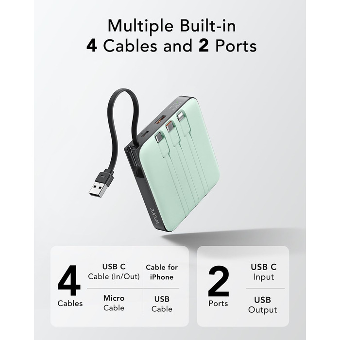 Power Bank VRURC 20000mAh з кабелем USB-C 22.5W QC3.0 Швидка зарядка Зовнішній акумулятор для iPhone, Huawei, Android (Зелений)