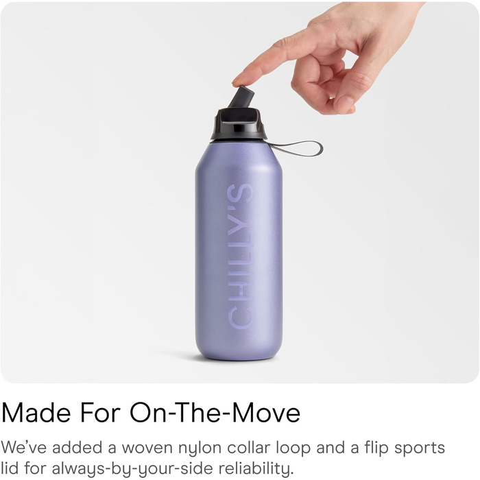 Chilly's Series 2 Flip Bottle - Thermos Flask with Sport Cap, Telescopic Straw and Nylon Carry Loop - Stainless Steel Bottle with Easy Flip Opening, Includes Straw Cleaning Brush (Lavender, 500 ml)