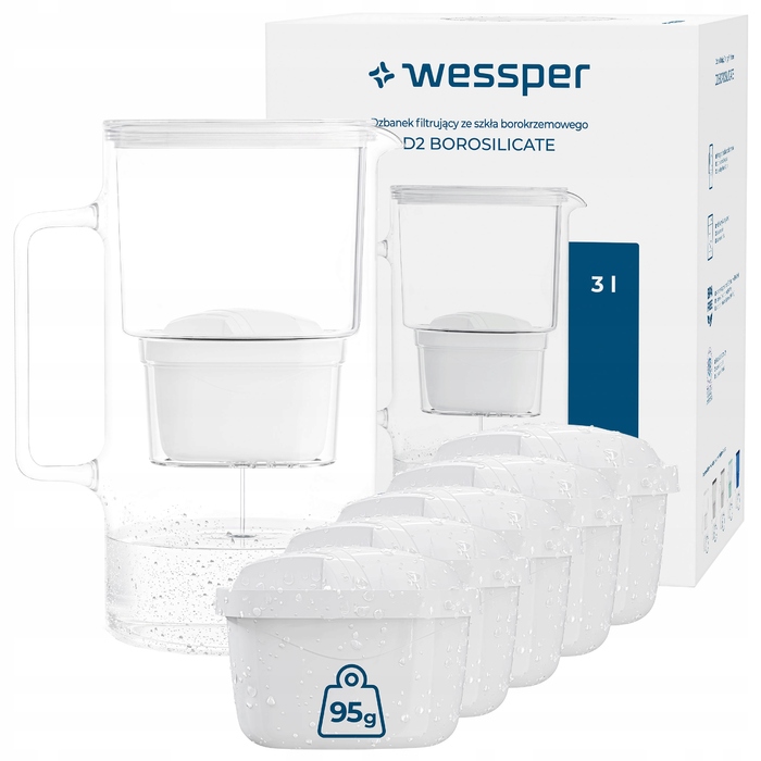 Скляний фільтр-кувшин Wessper D2 з боросилікатного скла, 3 л, білий + 6 фільтрів