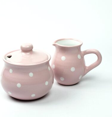 UNGARNIKAT Ceramic Set Sugar Bowl and Milk Jug Pastel with hand-painted white dots (Pink)