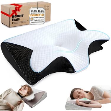 Ортопедична подушка Purova для шиї 2 в 1, з піною Memory Foam, для сну на боці, спині та животі (чорна)