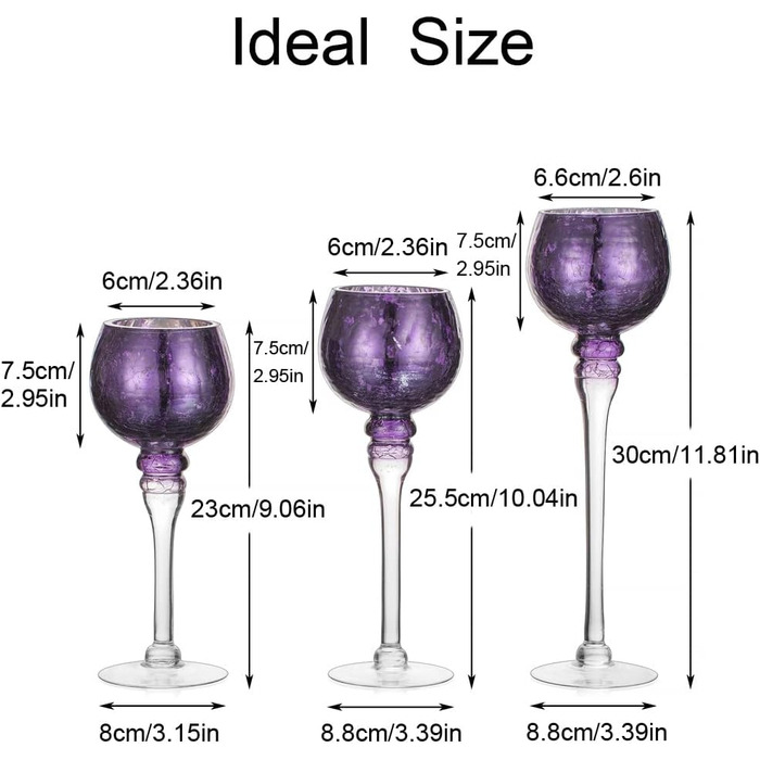 Glass Tealight Holder Set - 3 Pieces Mercury Glass Candle Holders for Table Decoration. Tealight Glasses for Pillar and Floating Candles, Christmas, Living Room Decor (Purple)