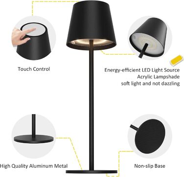 LED настільна лампа K-Bright з регулюванням яскравості, акумуляторна, бездротова, 3000K/4000K/6000K, 3 колірні температури, USB-C, IP54, чорна