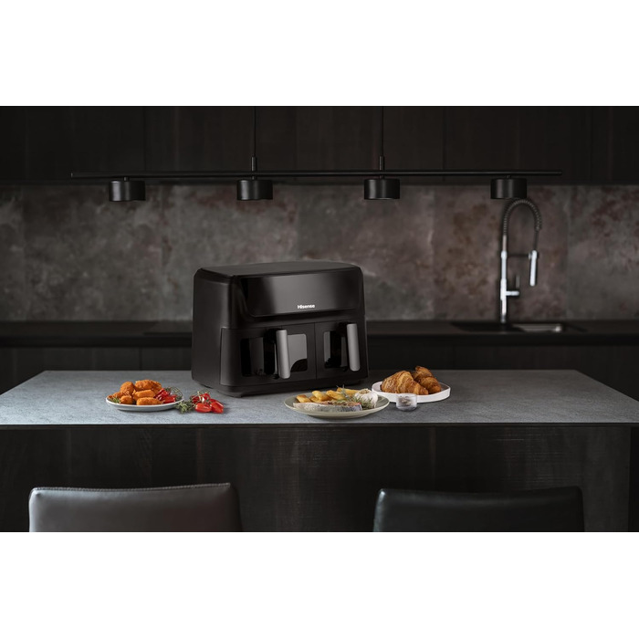 Фритюрниця повітряна Hisense HAF2700DCD, 2700 Вт, 11 л, 8 програм, антипригарне покриття, дисплей, енергоефективна, SyncServe, чорний, подвійний кошик