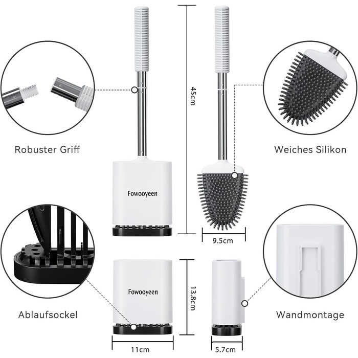 Набір щіток для унітазу Fowooyeen: силіконові, настінні, плоскі, з сердечком, елегантний дизайн, без свердління, 2 шт. (білий матовий)