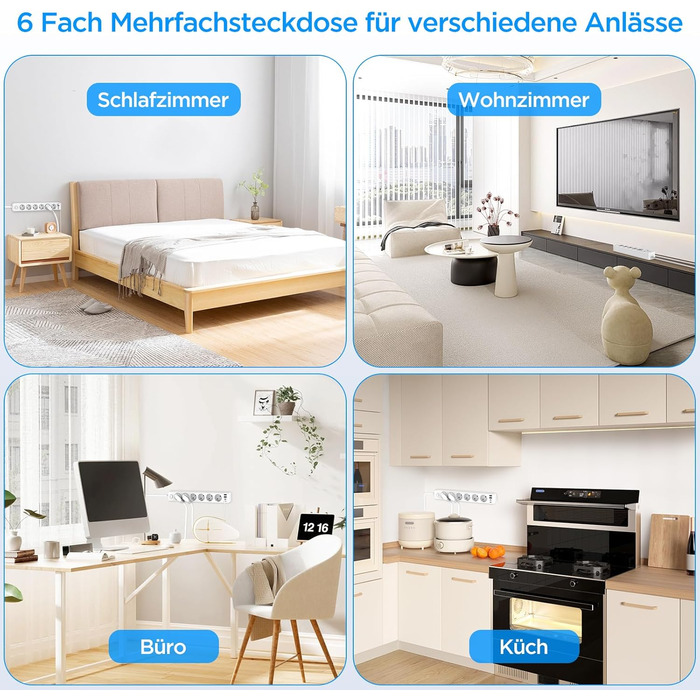 Мережевий фільтр з 4 USB та 6 розеток з вимикачем, для кухні, офісу, 3680W, 16A, 2 Type-C, білий кабель 1.8м