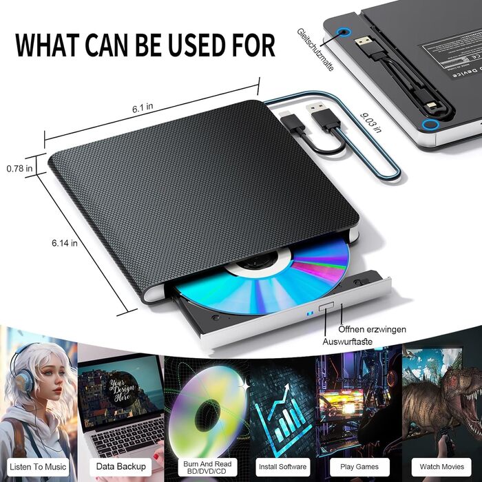 Зовнішній Blu-ray привід USB 3.0 та Type-C, портативний BD/DVD плеєр та рекордер для Windows та MacOS, чорний