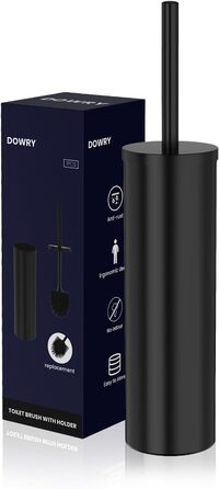 Торцева щітка для унітазу DOWRY з тримачем, 2 насадки, металева, чорна, циліндрична