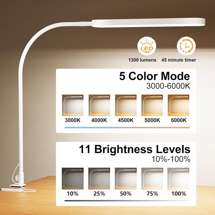 SKYLEO LED Desk Lamp with Adjustable Gooseneck - 80cm Height, 5 Color Modes, 11 Brightness Levels, Timer & Memory Function, 12W, Clamp-On Design