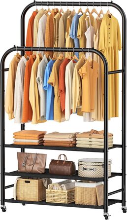 Вішалка для одягу HOMIDEC з 3 полицями, подвійна штанга на колесах, металевий каркас, чорна. Макс. навантаження 80 кг