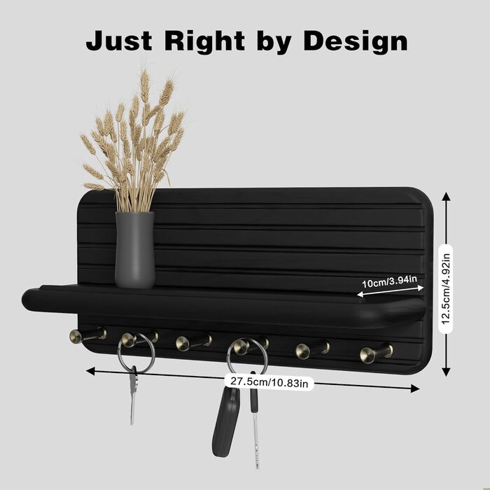 Дерев'яне ключниця з полицею та 6 гачками, ключниця на стіну для прихожей, кухні (чорний)