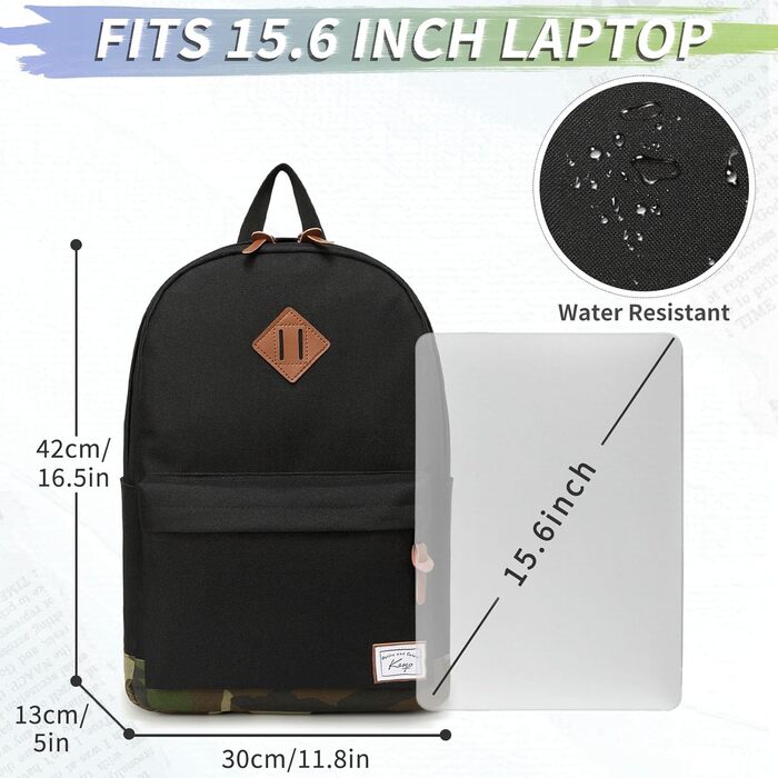 Чорний та камуфляжний рюкзак для ноутбука 15.6 дюймів, водонепроникний, для подорожей, підлітків, хлопців, чоловіків та жінок