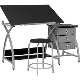 SD Studio Designs Comet Center Plus Craft Table & Stool Set with Storage - Adjustable Top - Silver/Black