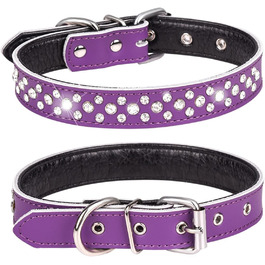 Нашийник для собак з стразами, регульований, блискучі кристали, натуральна шкіра, для маленьких та середніх собак (M, фіолетовий) M фіолетовий