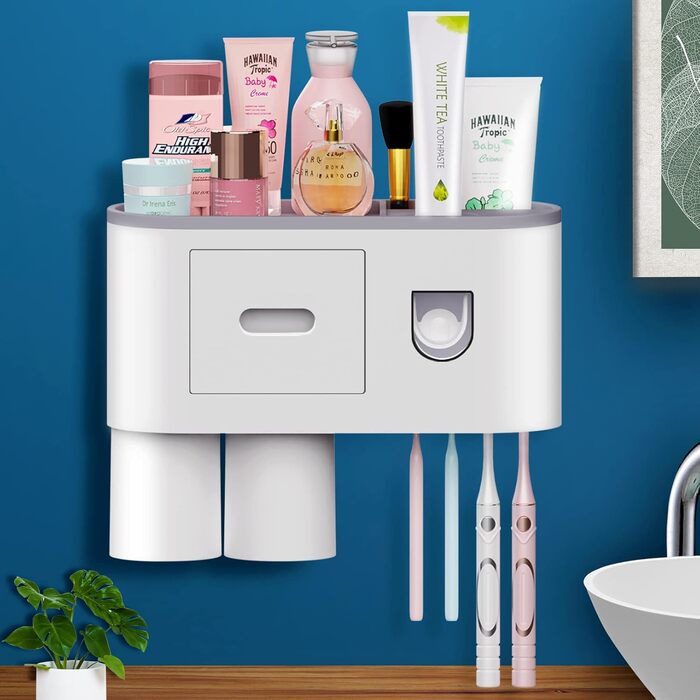 Automatic Toothpaste Dispenser, DENSAIL Toothbrush Holder Wall Mount with Dust-Proof Cover and 2 Toothpaste Squeezers, 2 Electric Toothbrush Holders, and 4 Toothbrush Organizer Slots (1 Squeezer 2 Cups)