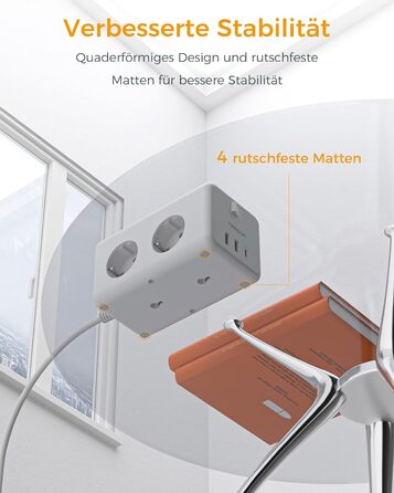 Мережевий фільтр TESSAN 6-fach з USB-C, 9 в 1 з вимикачем, 2 метри кабелю для дому та офісу