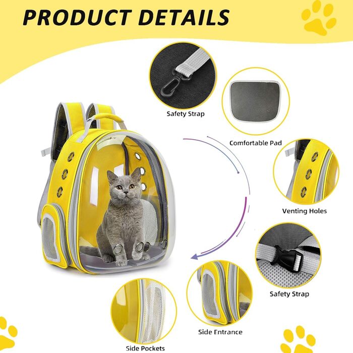 Розширюваний рюкзак для котів та собак, передній рюкзак з прозорим вікном та блискавкою, для подорожей та піших прогулянок, розширювана спинка (жовтий)