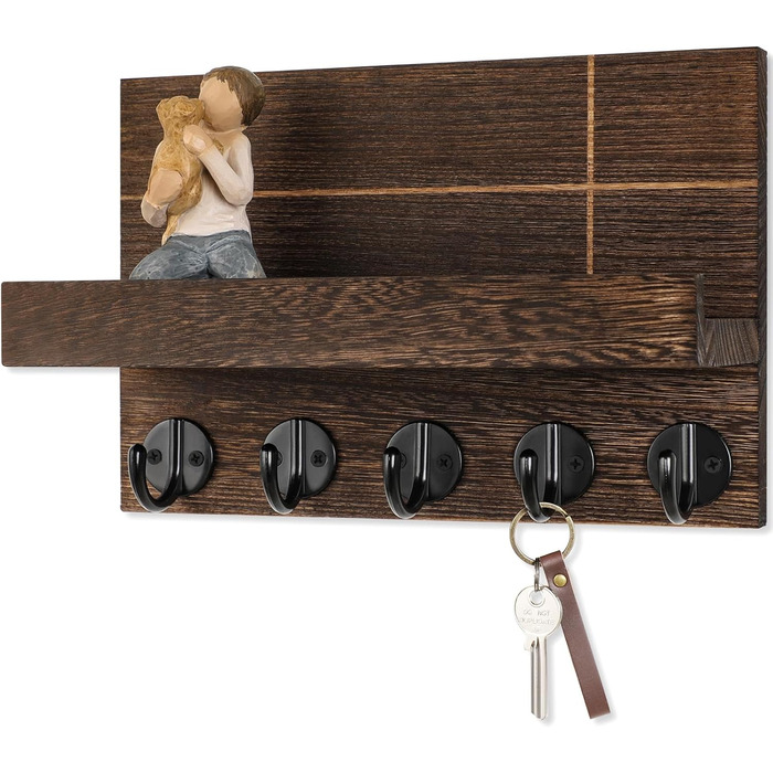 Wall-Mounted Key Holder – 24.9 x 17 x 10.7 cm, Decorative Wall Shelf with Hooks for Keychains, Dog Leash, Wallet, Purse – Real Paulownia Wood, Entryway Shelf for