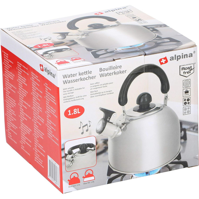 Чайник Alpina з нержавіючої сталі - свисток, 1.8 л, для плити, Induktion, Gas, срібний