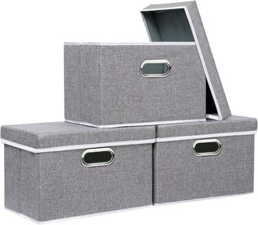 Yawinhe 3-Piece Storage Boxes with Lids, Foldable Fabric Storage Box with Handles, Storage Boxes, for Bedroom, Clothes Storage, 32x23x20cm, Grey, SNK023G-3
