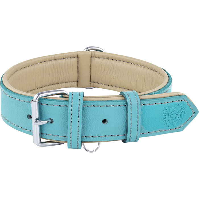 Riparo Genuine Leather Adjustable Dog Collar with Additional Reinforcement (: 4.5CM Wide for 53.4CM - 63.5CM Neck, ) (L, Aqua)