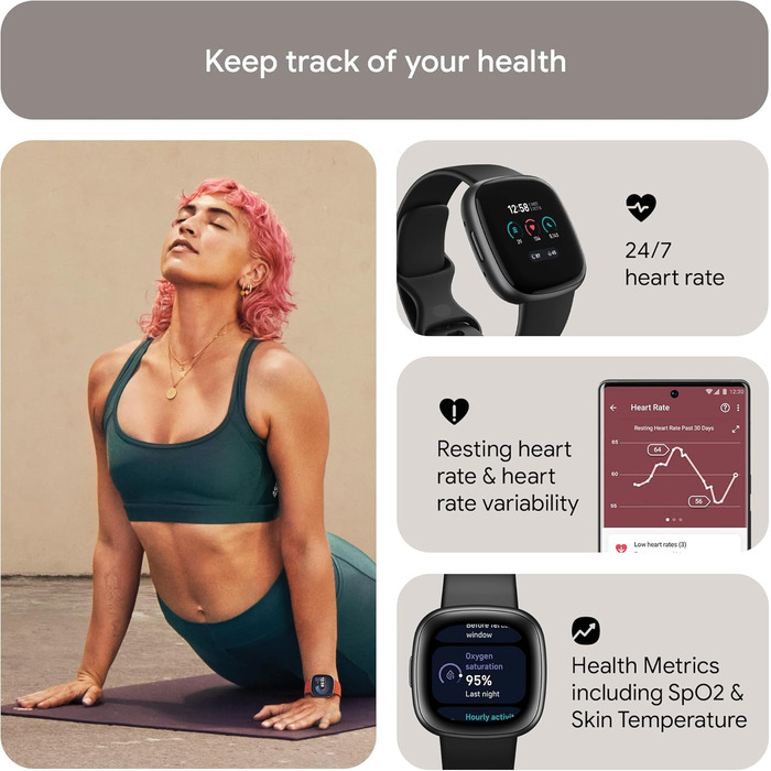 Розумний годинник Fitbit Versa 4 – фітнес-трекер з GPS, телефоном, 40+ режимів та 6 днями роботи від акумулятора (Sandrosa/Aluminium in Kupferrosé, Black/Graphite)