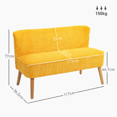HOMCOM 2-Seater Sofa Upholstered Sofa Double Sofa Two-Seater Sofa Cord-like Polyester Foam for Living Room, Bedroom 117 x 56.5 x 77 cm Yellow | Aosom