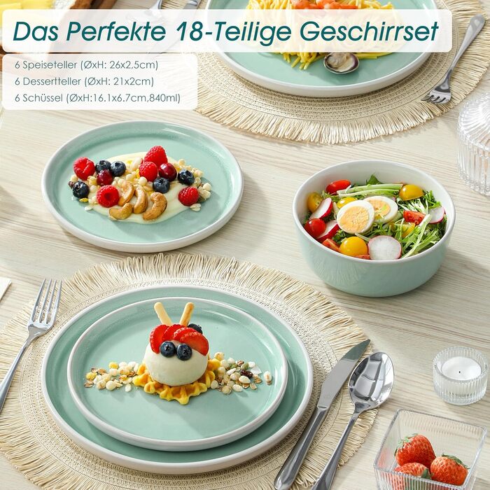 Набір посуду Steingut 18 предметів vancasso ELBA для 6 осіб, сучасний посуд у бірюзовому кольорі (6 тарілок, 6 мисок, 6 десертних тарілок)