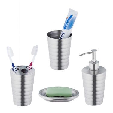 Relaxdays 4-Piece Bathroom Set, Polished Stainless Steel