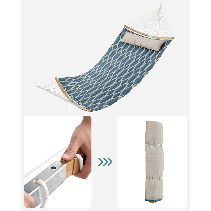 Гамак SONGMICS з підкладкою та подушкою, 200x140 см, бамбукові дуги, до 225 кг, сірі та бежеві ромби