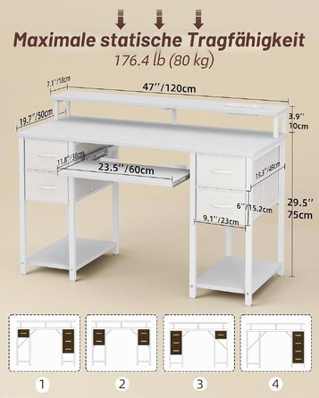 Ігровий стіл BEXEVUE зі світлодіодною підсвіткою та розетками, 120x50 см, комп'ютерний стіл з полицею, підставкою для клавіатури та 4 шухлядами, сірий/білий